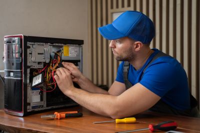 Technician installing Windows on a desktop